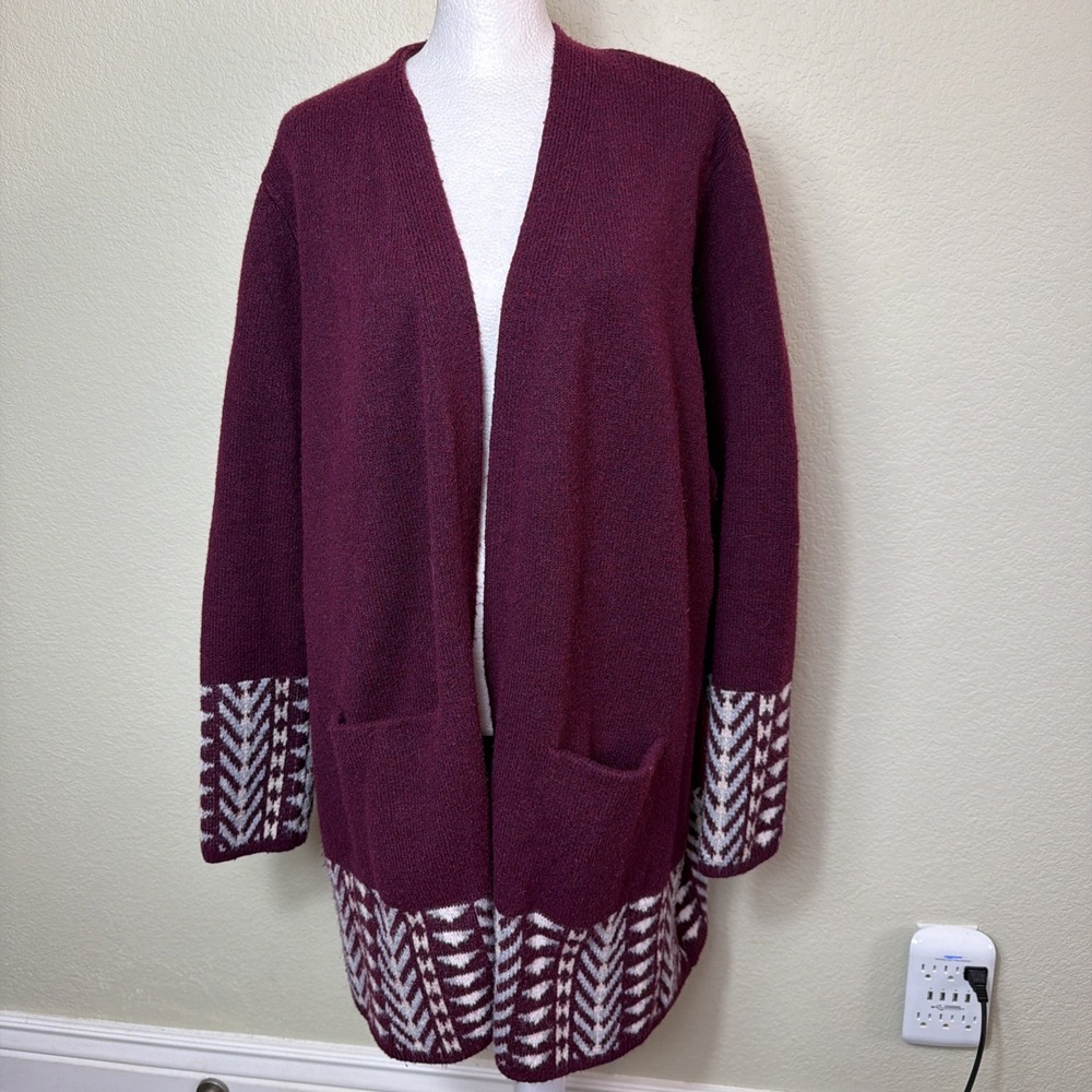 Frye Cozy Cardigan Womens XXL Burgundy Geometric Border Knit Open Front Sweater